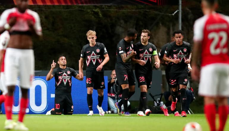 I danesi del Midtjylland festeggiano una rete in Europa League